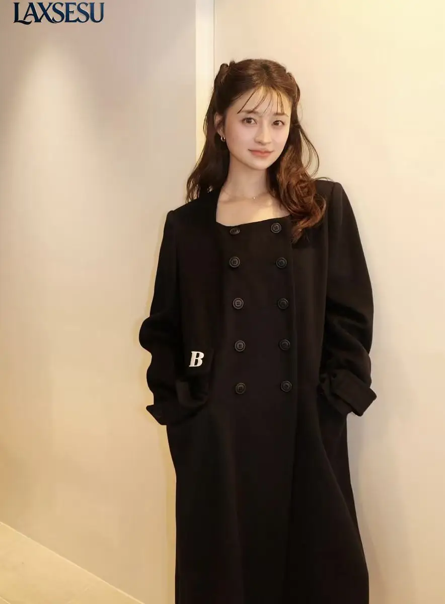 Autumn Winter Long Coat Japanese Style Simple Square Collar Wool Outwear Buckle Thin Embroidered Woolen Coats for Women