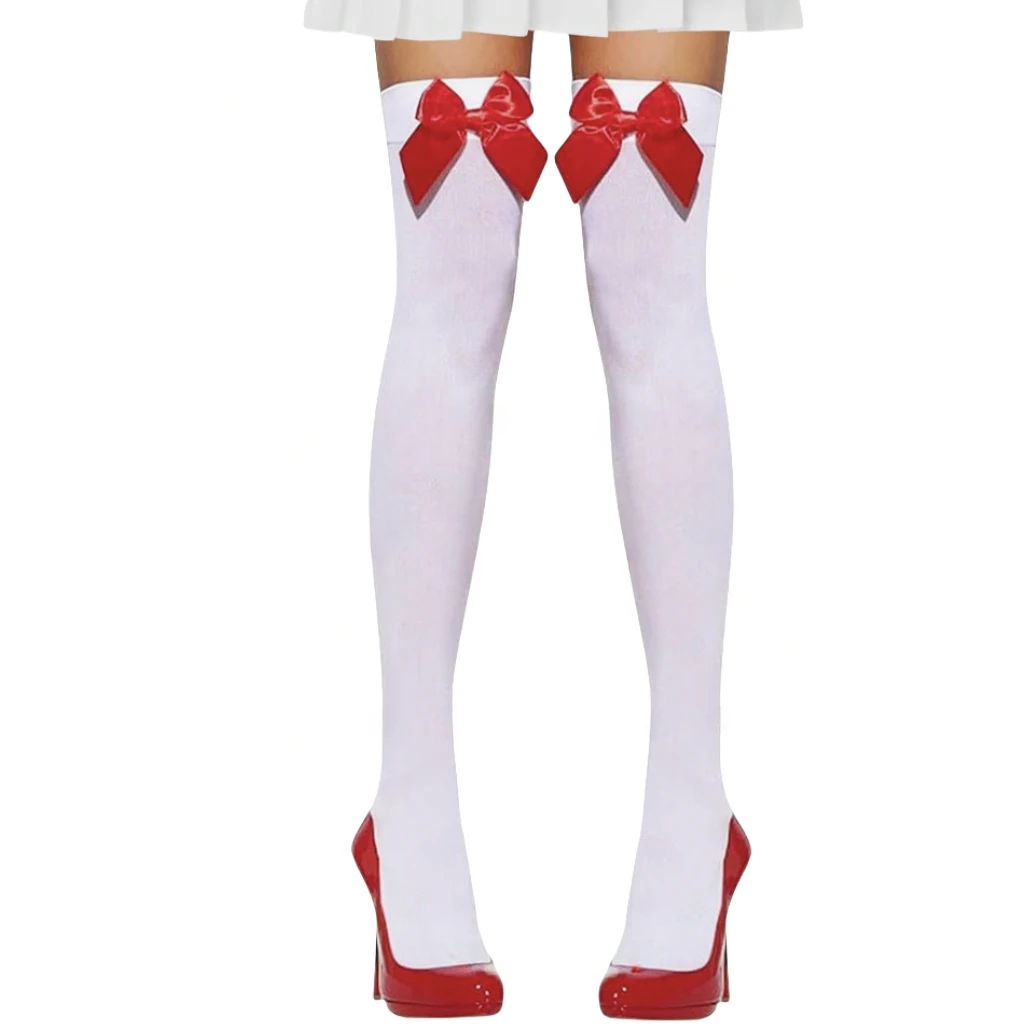 

Women rave Stockings Sexy Over Knee Socks Black White Erotic Lingerie Velvet Warm Stockings Party Red Bowknot Hosiery