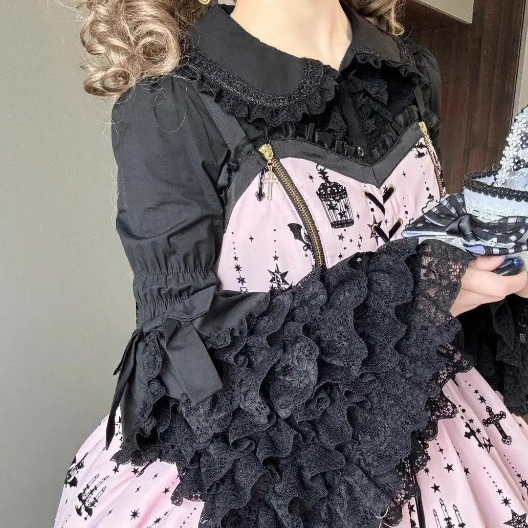 SOIOIMES Dark Style Lace Lolita Flared Sleeve Blouse Gothic Style Peter Pan Collar Long Sleeved Lolita Top Autumn