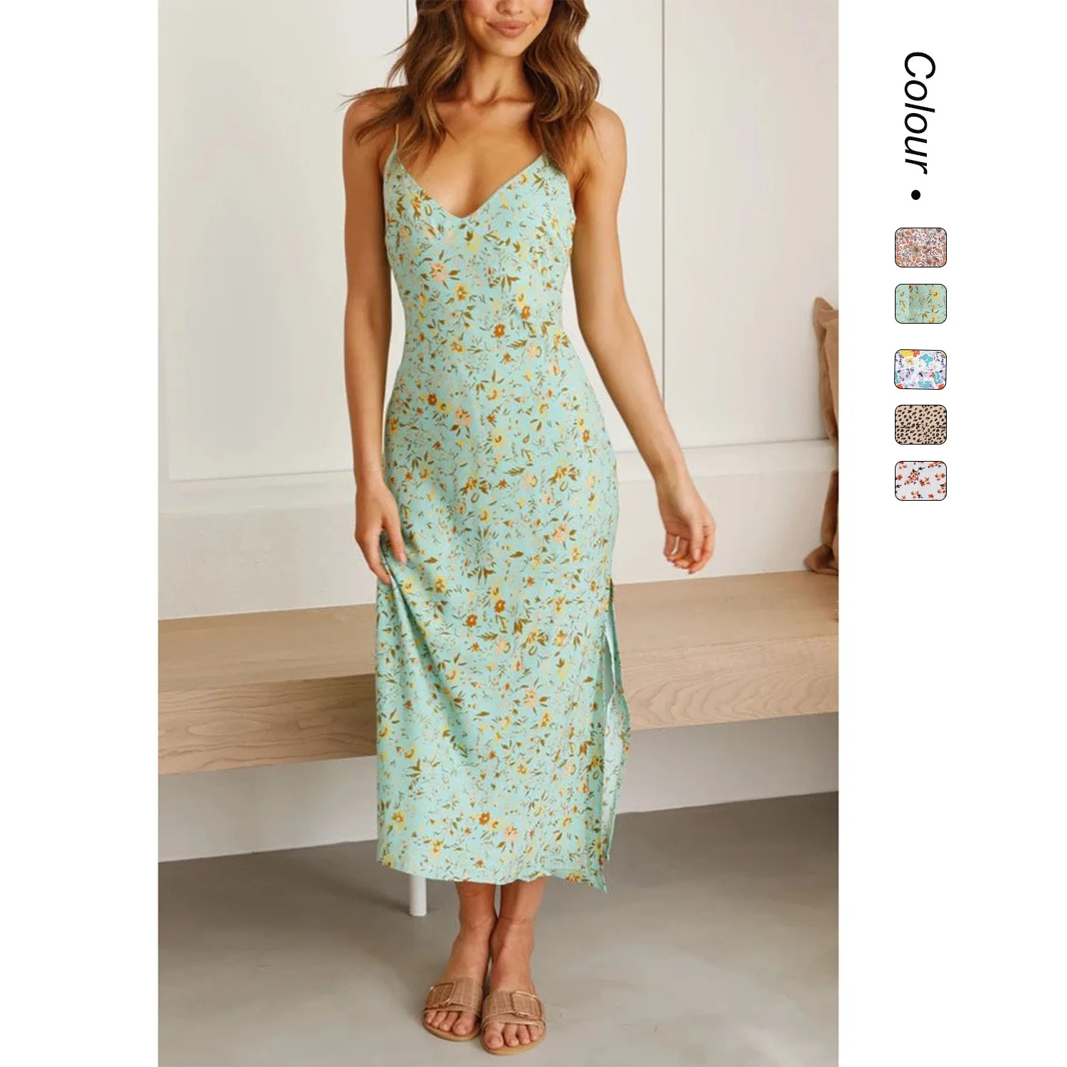 2025 Neues Sommerkleid mit Blumenmuster, tiefem V-Ausschnitt, frischer, süßer Stil, Spaghettiträger, geteiltes Kleid 1387