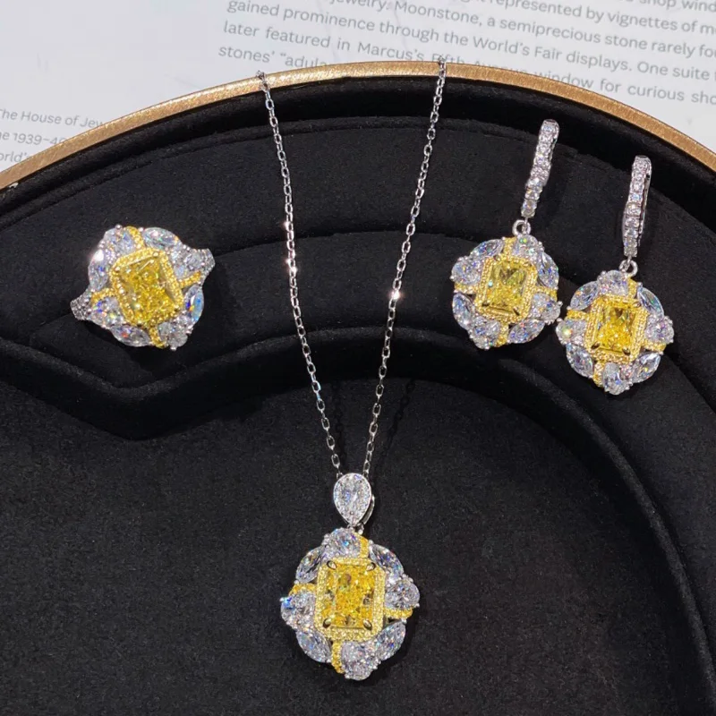 

Индивидуальный дизайнерский стиль Лимонно-желтый сверхпрозрачный комплект ювелирных изделий с желтыми бриллиантами в лаборатории, позолоченное серебро
