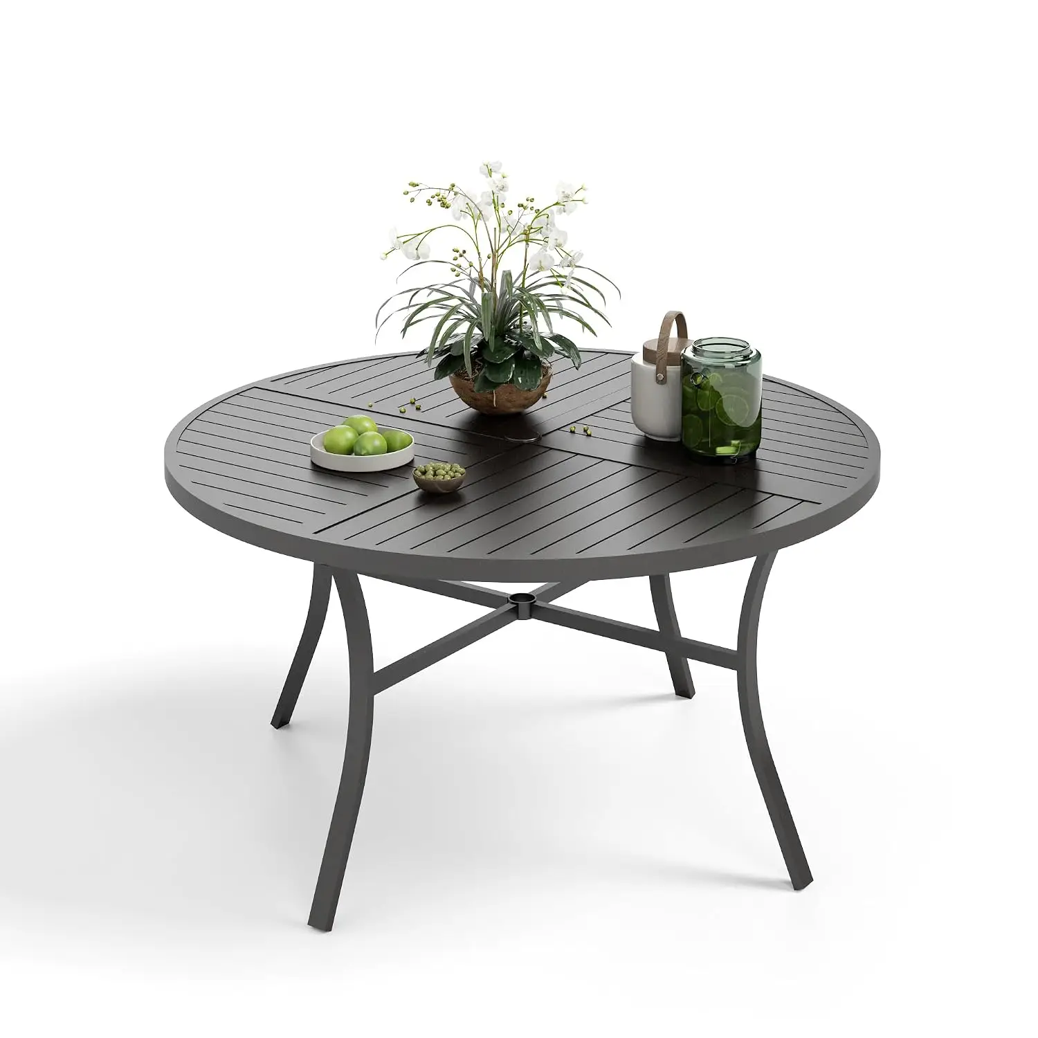 Round Metal Patio Dining Table w/Umbrella Hole, Slatted Top, Weather Resistant, 54