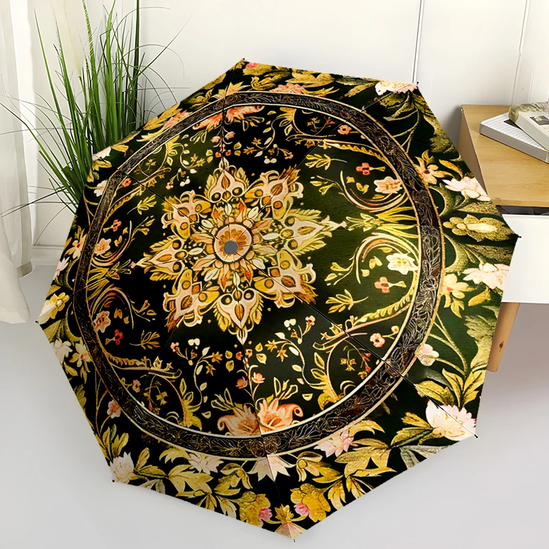 Flower Theme Design Folding Umbrella - Fashionable Auto-Open Design 8 Iron Ribs Plastic Handle Foldable Sunshade，Perfect Gifts