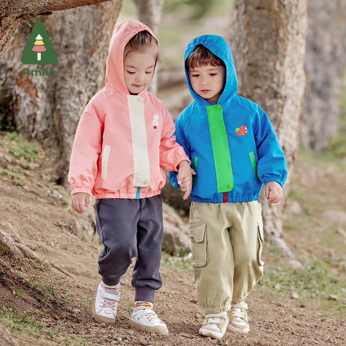 Amila 2024 Spring New Girls & Boys Jacket Vibrant Outdoor Hooded Rain, Stain,  Anti-Static Contrast Patchwork Coat