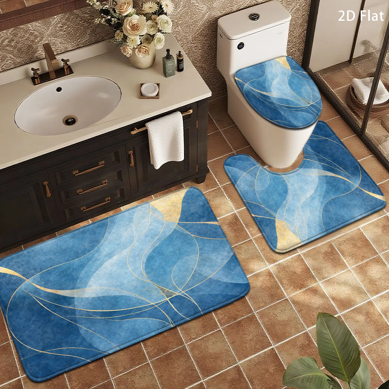 Set of 3 Blue Abstract Bathroom Bath Mat Rugs for Modern Bathroom Decor Vanity Area