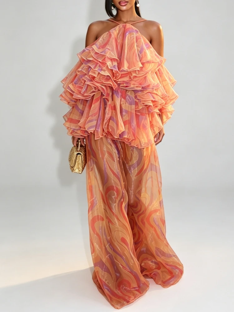 Damen Neckholder Off-Shoulder Rüschen Maxikleid Orange Bedrucktes Transparentes Organza Langes Abendkleid Elegantes Party- und Hochzeitsgastkleid