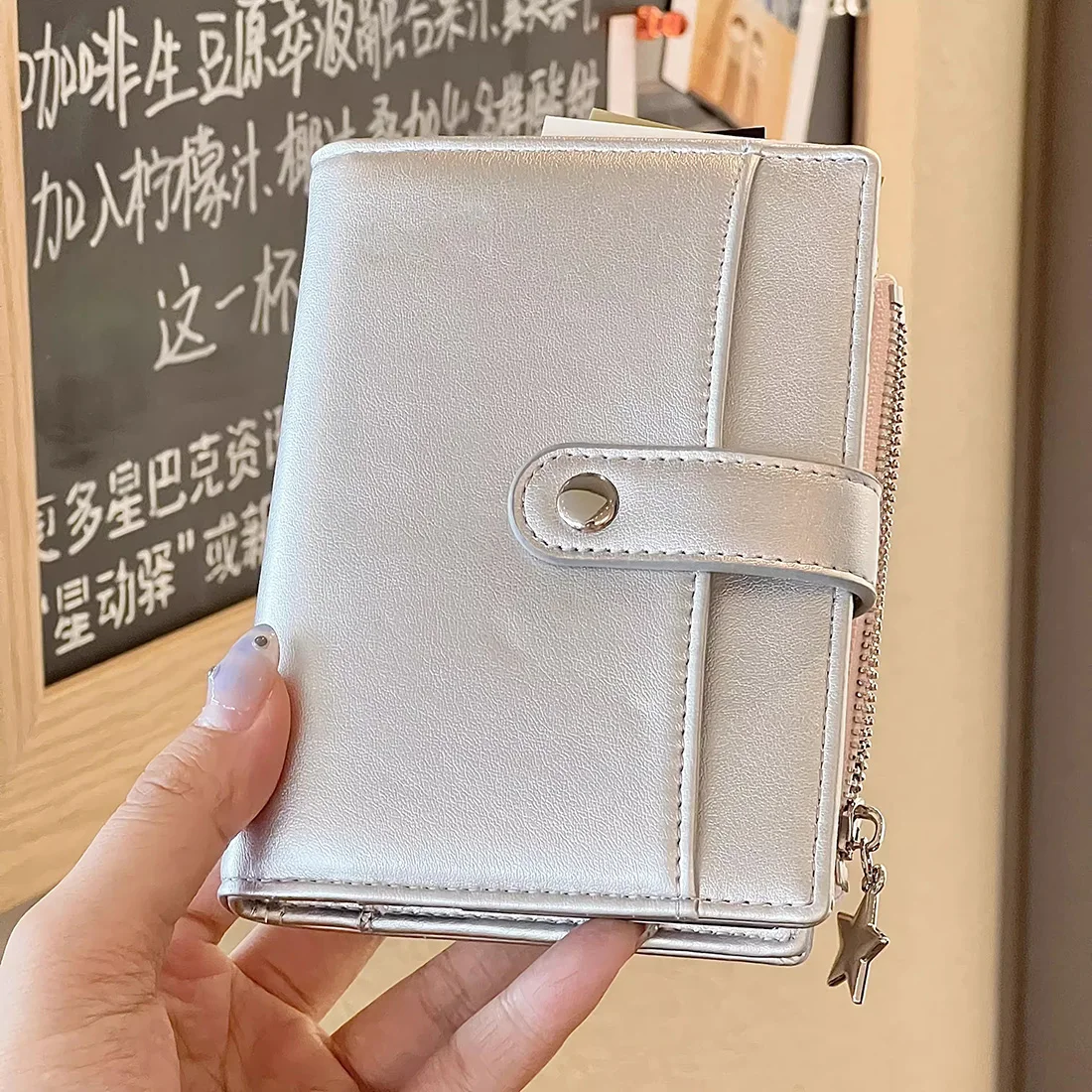 Silver Soft Leather Small Notebook Student Binder M5 Notepad Girls Portable Card Holder Simple Niche Design