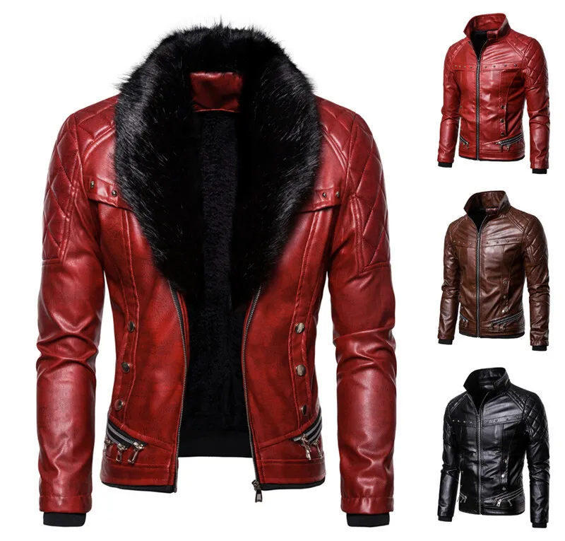 2024 Autumn And Winter New Fashionable Solid Color Button Zipper Splicing European Size Fur Collar Men's Leather Jacket Leather