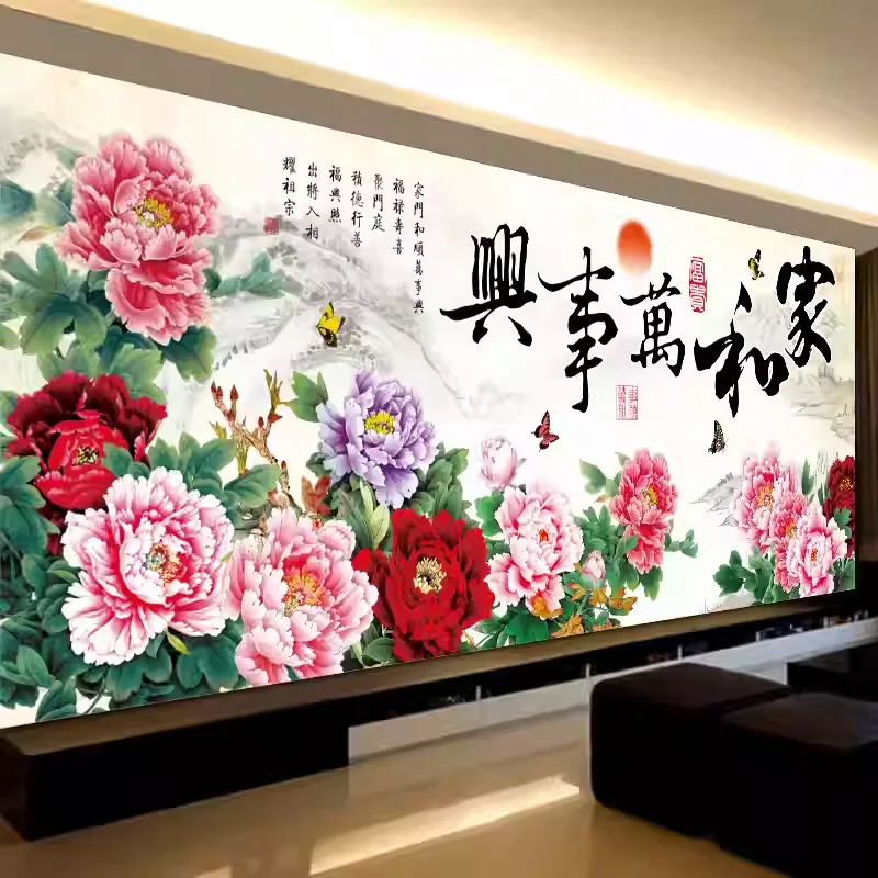 

Hand Embroidery Cross Stitch Kit Living Room Wealth And Happiness Peony Flower Embroidery Cotton Fabric Chinese Style Home Decor