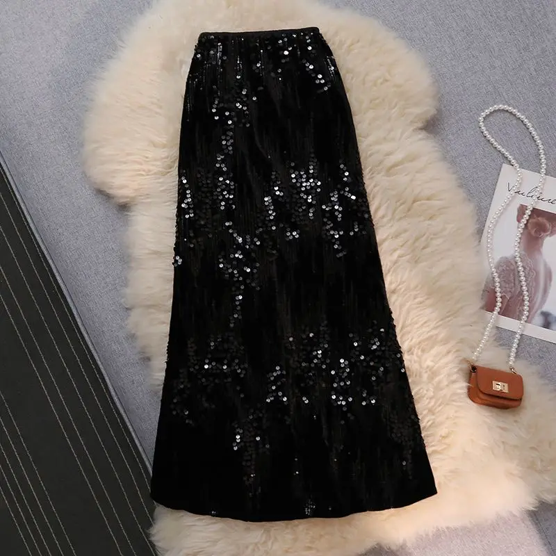 

Temperament Autumn New Women's Solid Velvet Glitter Fashion Elastic High Waist Mid-length Slim Bag Hip Straight Fishtail Skirt