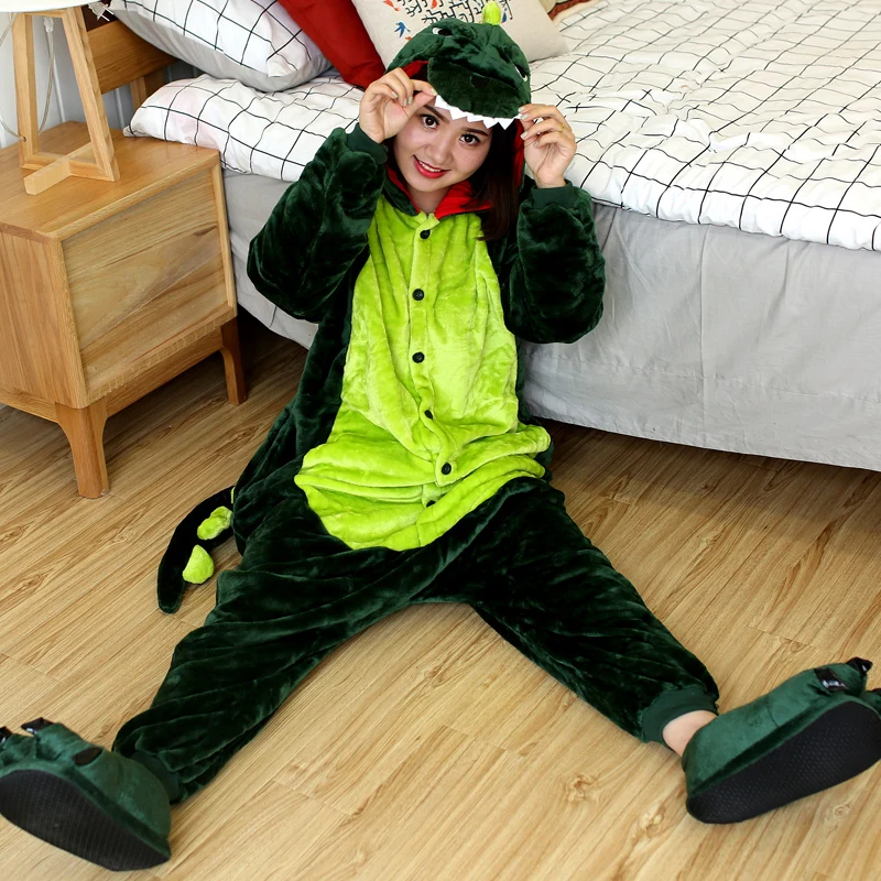 Kigurumi Green Dinosaur Cartoon Pajamas Onesies For Adults Women Men Animal Pyjamas Christmas Halloween Cosplay Party Costumes