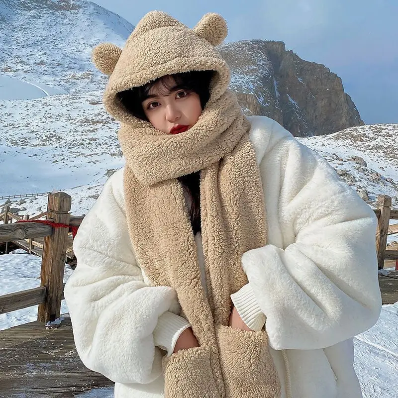 1-5PCS Cute Bear Ear Beanie Scarf Gloves Set 3 in 1 Fleece Lined Thick Warm Winter Hood for Women  Outdoor Skiing Cold Weather