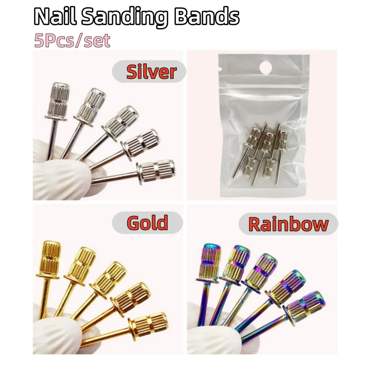 5/10Pcs Silver/Gold/Rainbow Mandrel Nail Drill Bit Set Sanding Bit for Nail Drill 3/32“ Sanding Band Shaft Replacement Nail Tool