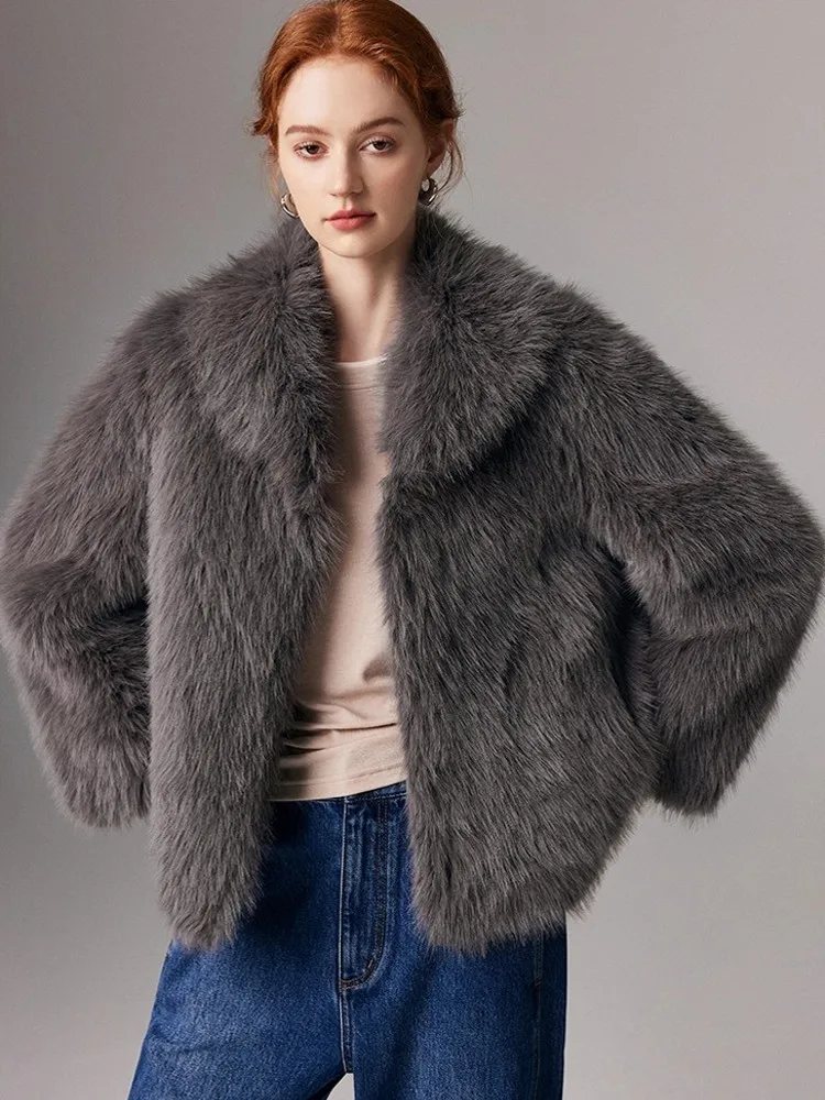 Winter Women Warm Faux Fur Jacket Lapel Collar Loose Fit Party Outwear Elegant Ladies Office Work Fluffy Artificial Fur Coats