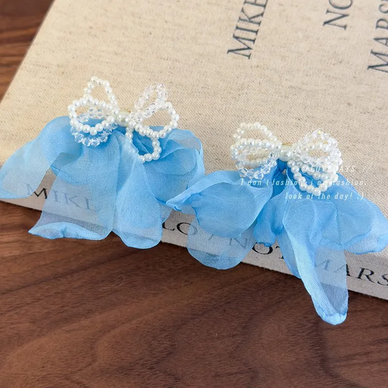 

Pearl Crystal Beaded Bow Blue Chiffon Flower Earrings Vacation Beach Elegant Gentle Studs for Women Lightweight Handmade Design