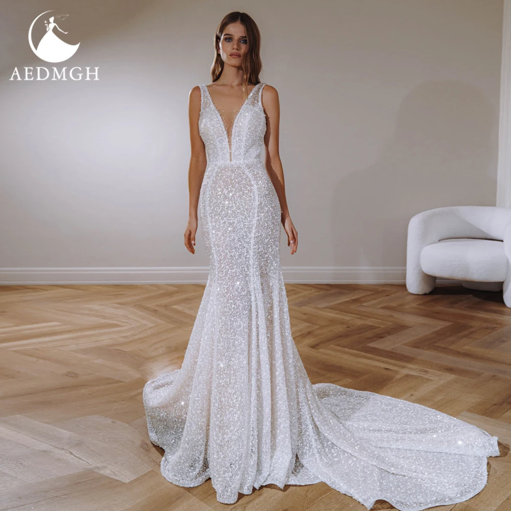 

Aedmgh Mermaid Wedding Dresses 2024 Sweetheart Sleeveless Elegant Vestido De Novia Lace Shiny Detachable Train Robe De Mariee