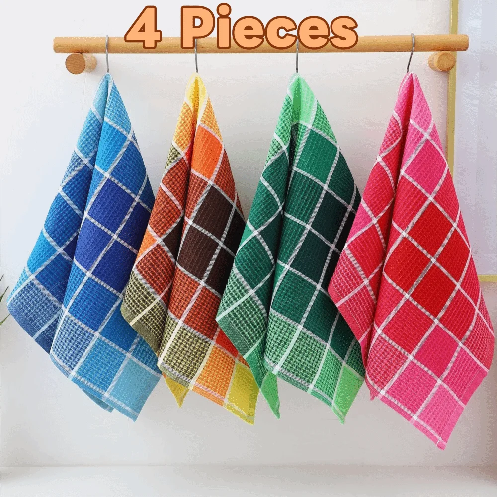 

4 Pieces Practical Cotton Yarn Waffle Cleaning Clothes Absorbent Soft Kitchen Grid Dish Towel Rectangular Tea Towel Pot