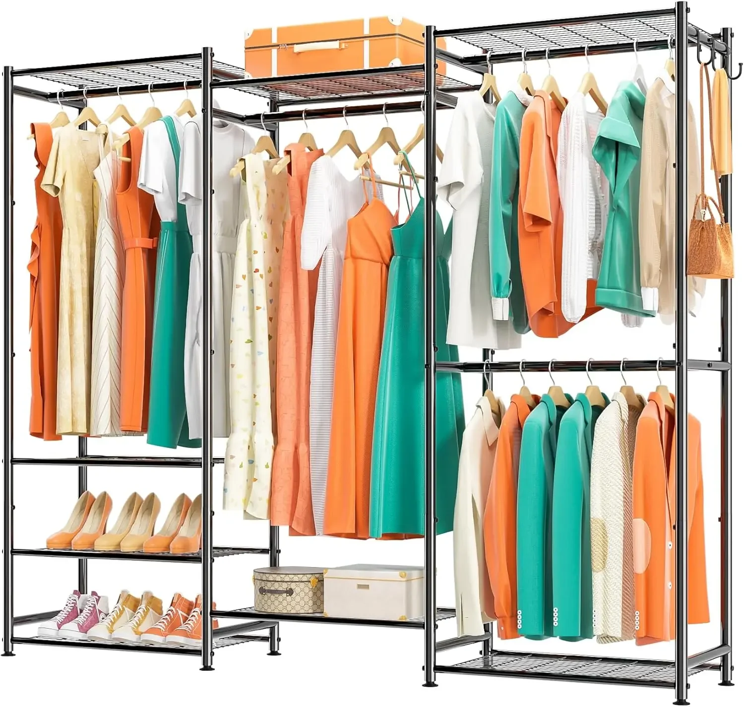 Closet Heavy Duty Clothes Rack, Portable Closet Organizer System with 4 Hang Rods & 8 Shelves, Metal Clothing Rack Garment Rack