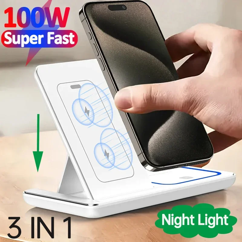 100W Fast Wireless Charger Stand Pad 3 in 1 Foldable Charging Dock Station For iPhone 15 14 13 8 X Apple Watch 9 8 7 Airpods Pro