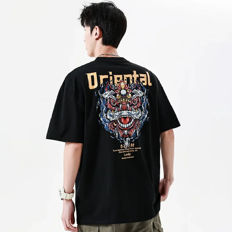 

New Chinese lion print t-shirt for men in summer 100% cotton street fashion loose t-shirt breathable o-neck short-sleeved top