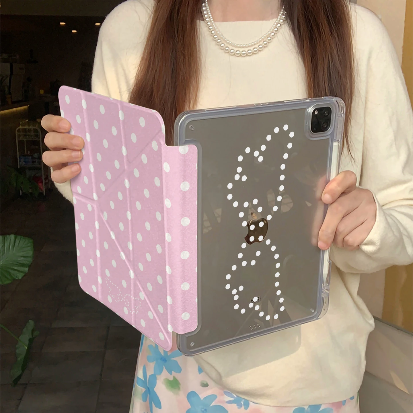 Cute Pink Polka Dot Wing Y2K Y-Fold Tablet Case For iPad Pro 11 12.9 13 A16 M2 M4 M3 M5 5/6/7/8/9/10/11th Mini Air 3 4 5 6 Cover