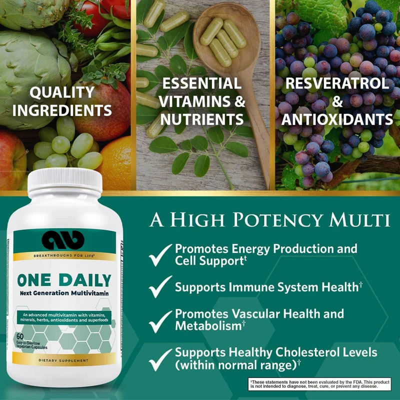 

Daily multivitamin - contains 19 essential vitamins and minerals, including vitamin C, D3, and zinc-60 capsules