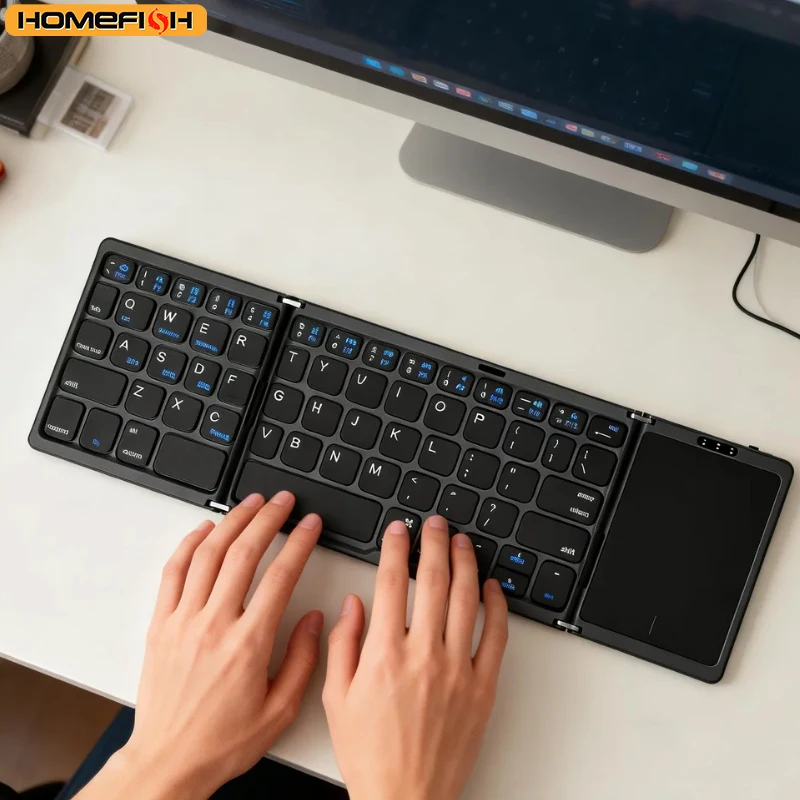 New portable ultra-thin wireless mini three-fold Bluetooth keyboard for mobile phone, tablet, office use with touchpad