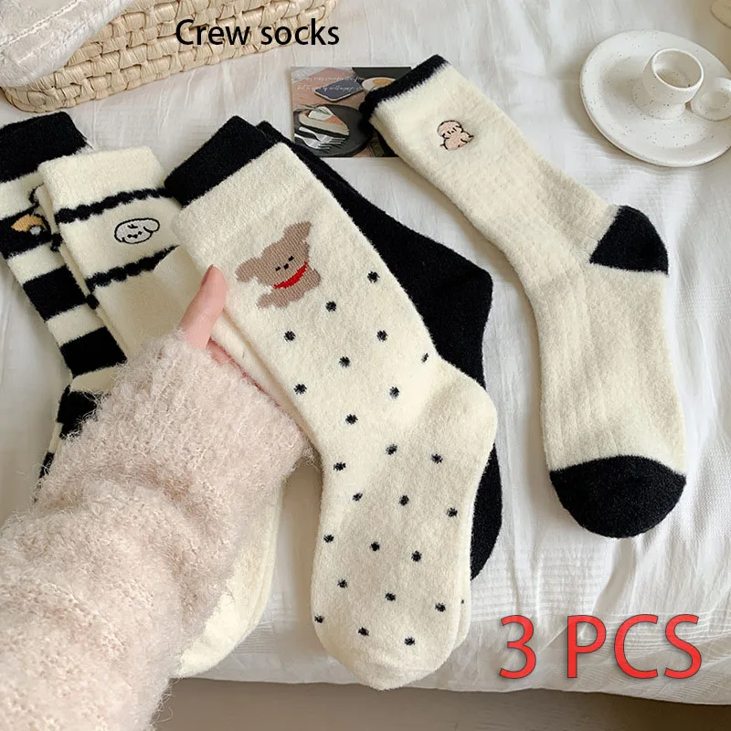 Autumn Winter Socks Breathable Womens Mid-tube Hose With Plush Thickened Mink Velvet Cute Cartoon Warm Stockings