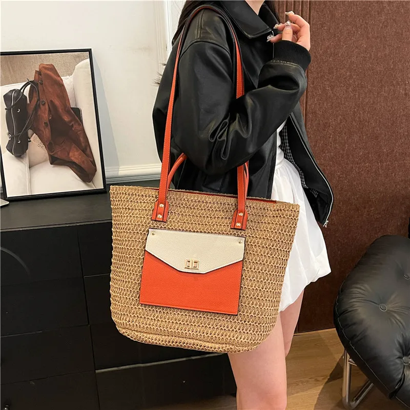 

Тканая большая сумка 2025 года — многосторонняя сумочка через плечо/подмышек, просторная пляжная сумка для женщин