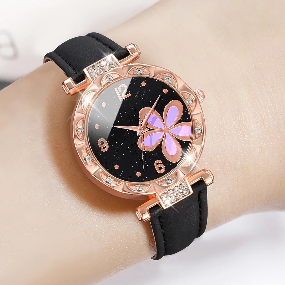 Simple Luxury Flower Element Leather Black Strap Watch Casual Fashion Quartz Watch Is The Perfect Gift For Her (No Box)