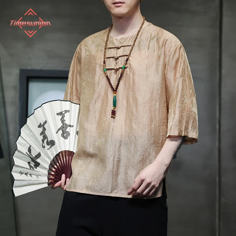 

Chinese Style Men's Clothing Summer T-shirts for men Fashion Ice Silk Thin Men's Shirts Tang Suit Hanfu Oversized T-shirt