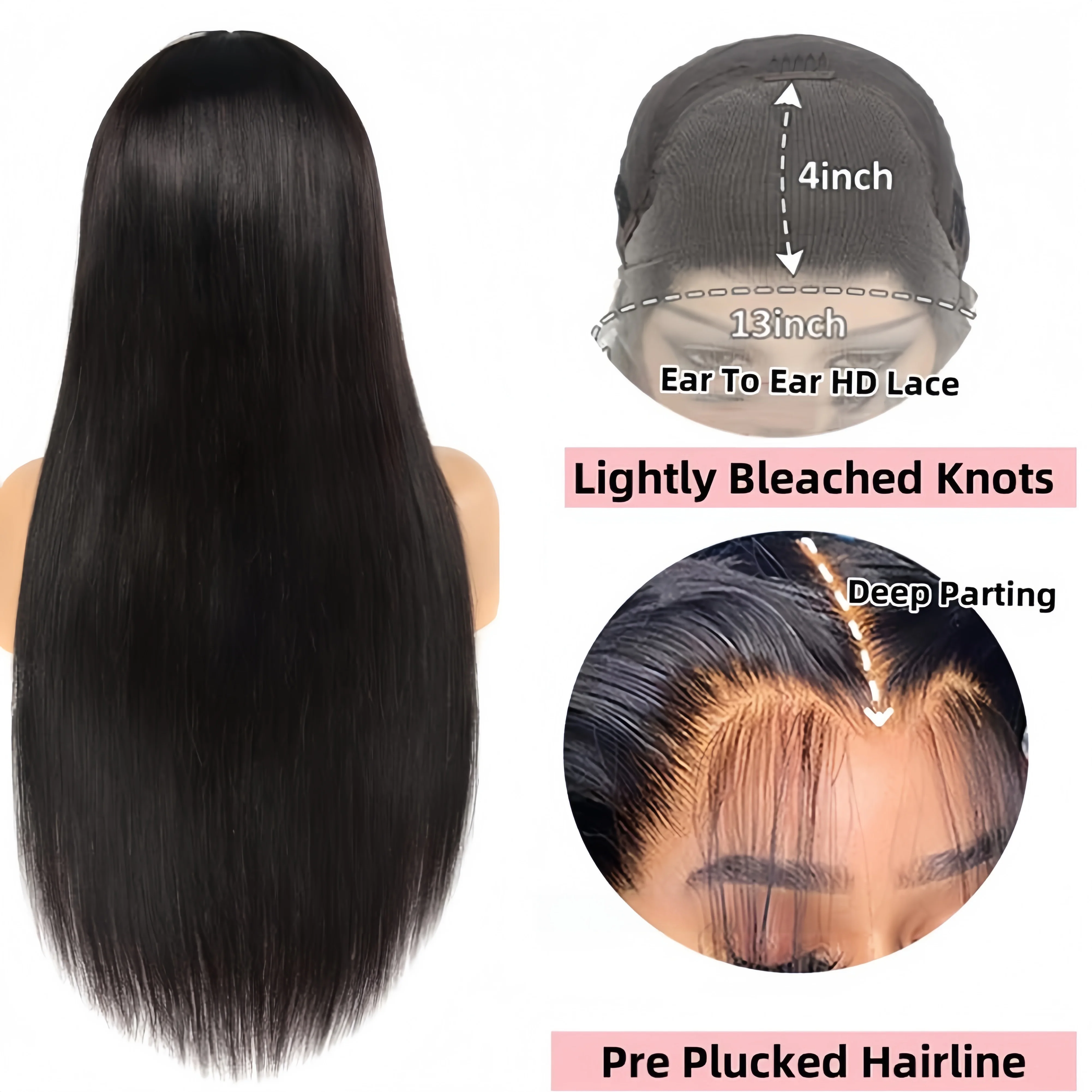 Cueki 32 Inch Straight Wigs  13x4 Lace Front wig 200 Density |  Synthetic Black Wig With Pre Plucked Hairline For Women HD Transparent Long Straight Black Lace Wigs Frontal Wig Glueless Wigs