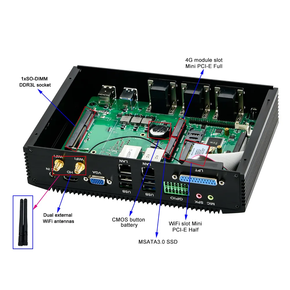 Fanless industrial computer i7-7510U dual network 6 serial GPIO/LPT/4G Internet access industrial computer mini host