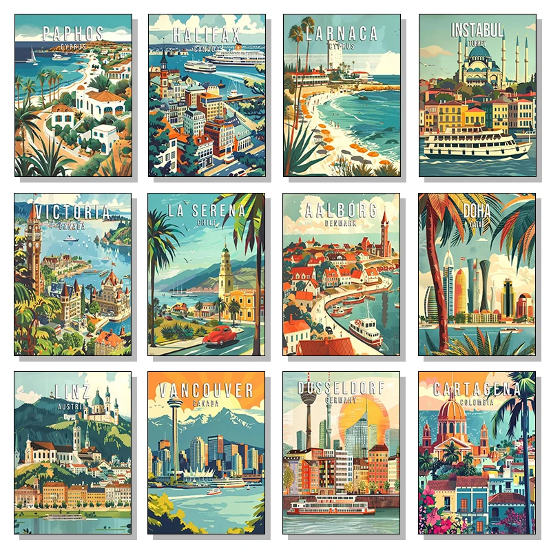 مشهد المدينة الساحلية الشهيرة كولومبيا نيوزيلندا العمارة الرجعية الملصقات قماش لوحات جدار الفن HD صور ديكور المنزل