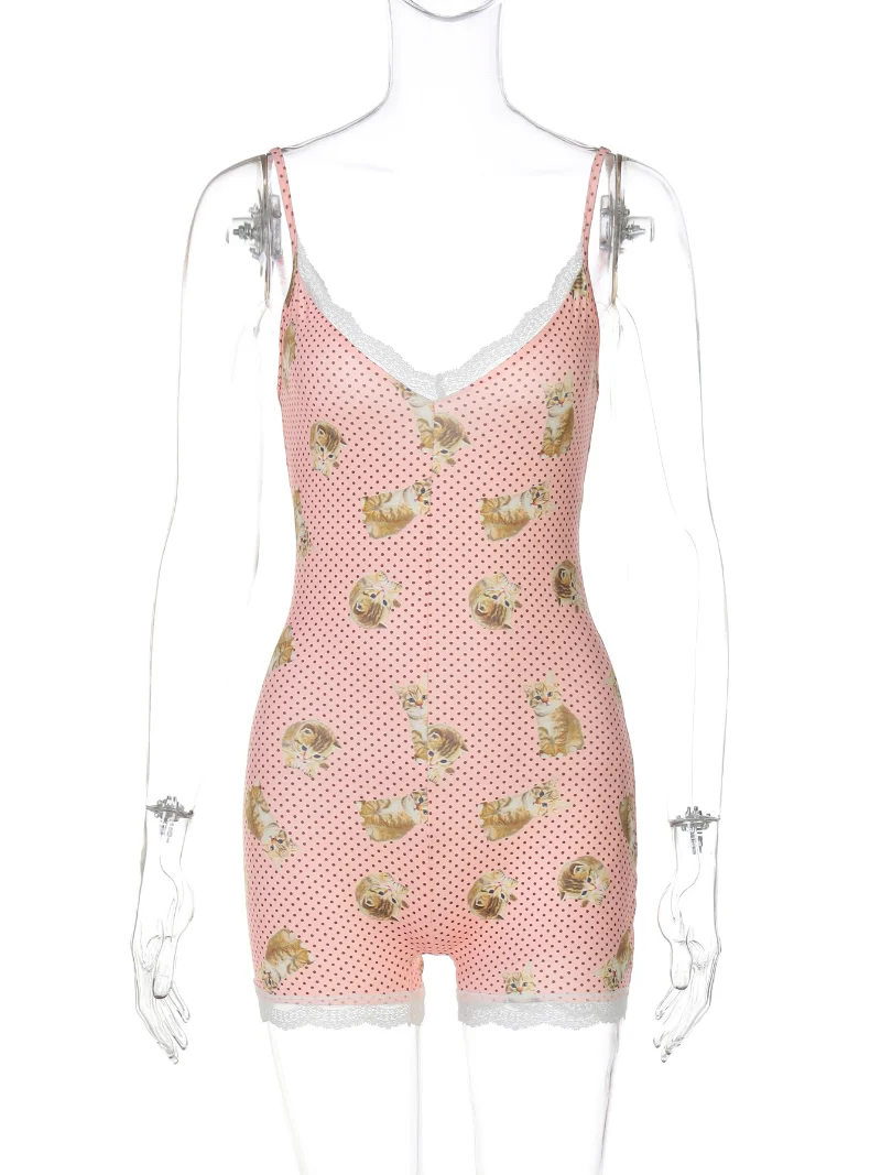 2025Zomer Kant Patchwork Print Hemdje Speelpakjes Vrouwen Sexy V-hals Spaghettibandjes Backless Skinny Thuis Rompertjes Streetwear