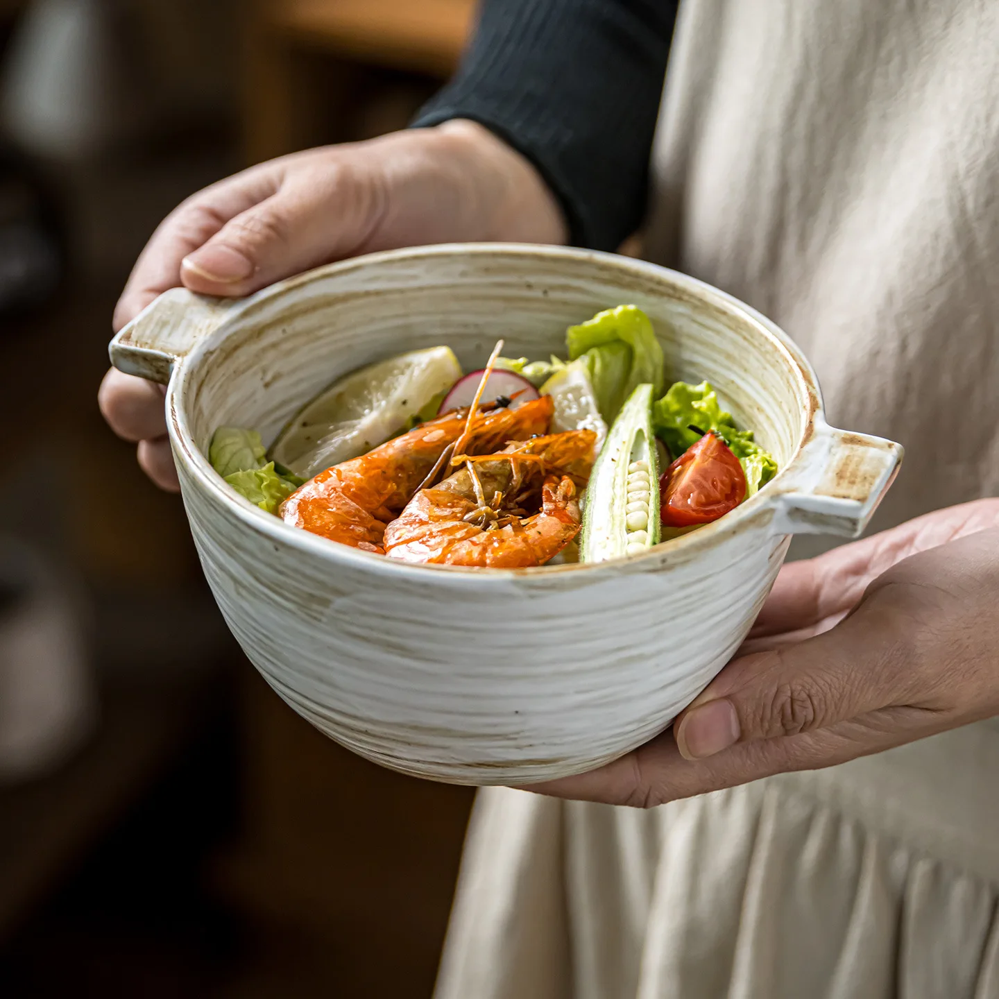 Japanese Wabi Sabi Retro Thick Ceramic Double Ear Bowl Handmade Household Soup Serving Bowl Dining Decor Holiday Gift