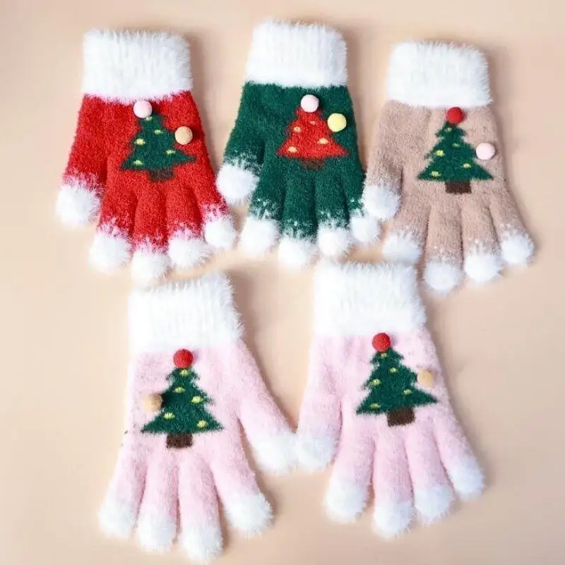 

Fluffy Fur Knitted Gloves Snowflake Christmas Tree Gloves Exposed Fingers Touch Screen Warm Mittens Windproof Skiing Gloves