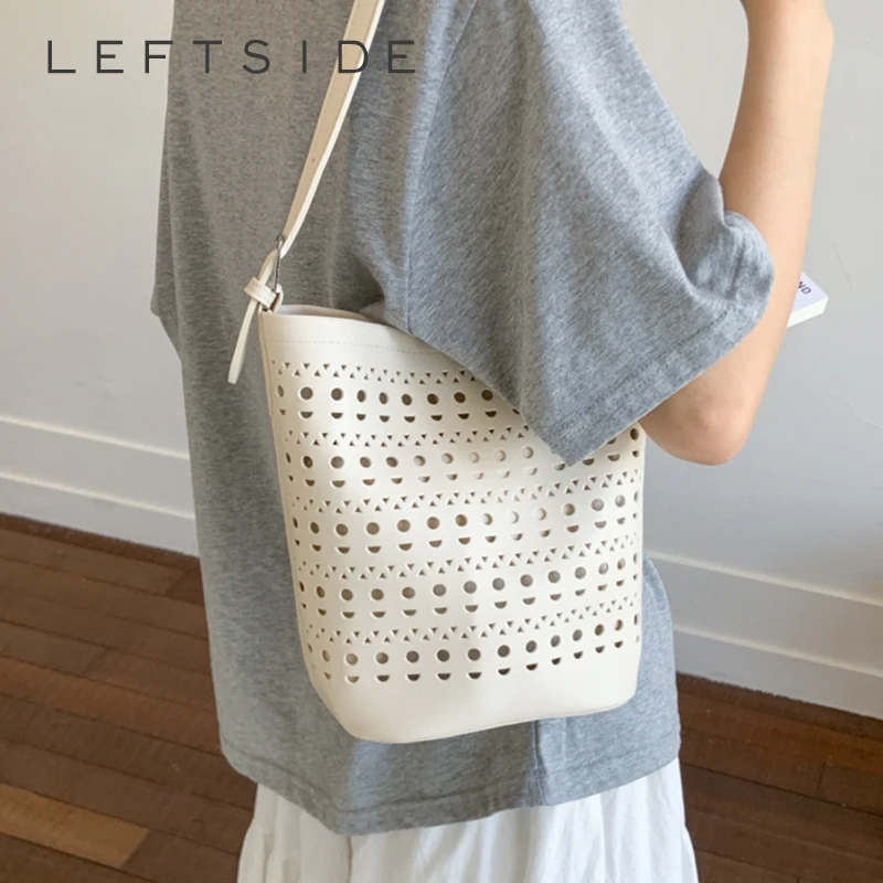 

LEFTSIDE Small PU Leather Bucket Bag for Women Shoulder Bags 2025 Hollow Out Crossbody Bag Lady Luxury Handbags and Purses