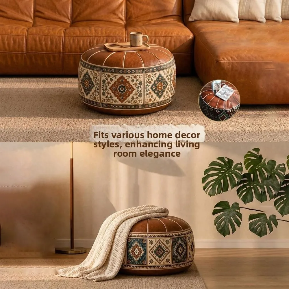 Boho Pattern Ottoman Pouf PU Leather Large Opening Storage Ottoman Fillable Design Water Resistant Footstool Cover Living Room