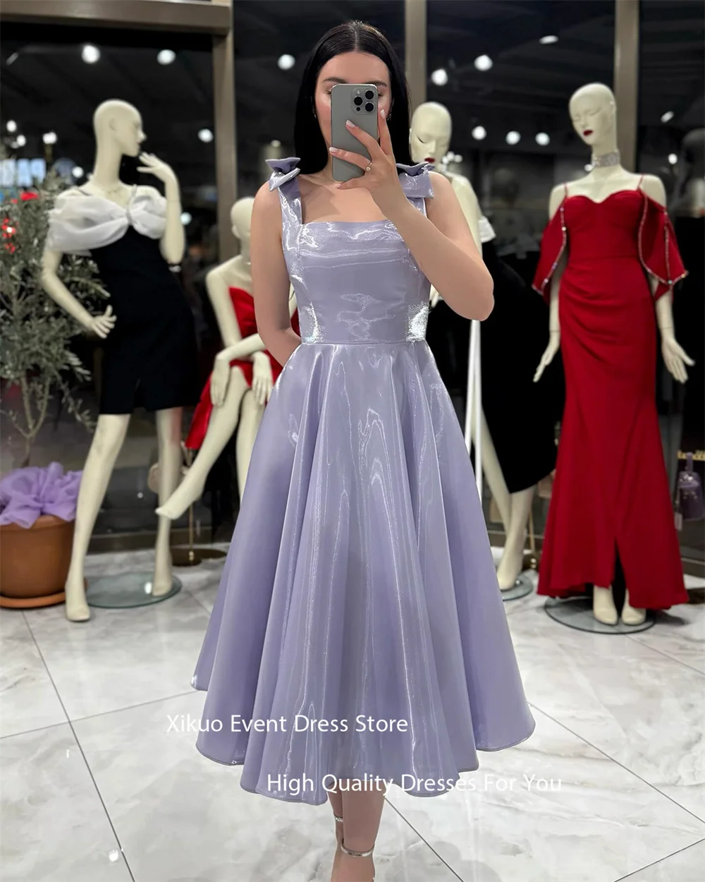 فستان سهرة أنيق باللون الأزرق الداكن من Xikuo بفتحة رقبة مربعة من Vestidos Largos بفيونكة لامعة بدون أكمام من Vestidos De Fiesta Mujer مخصص