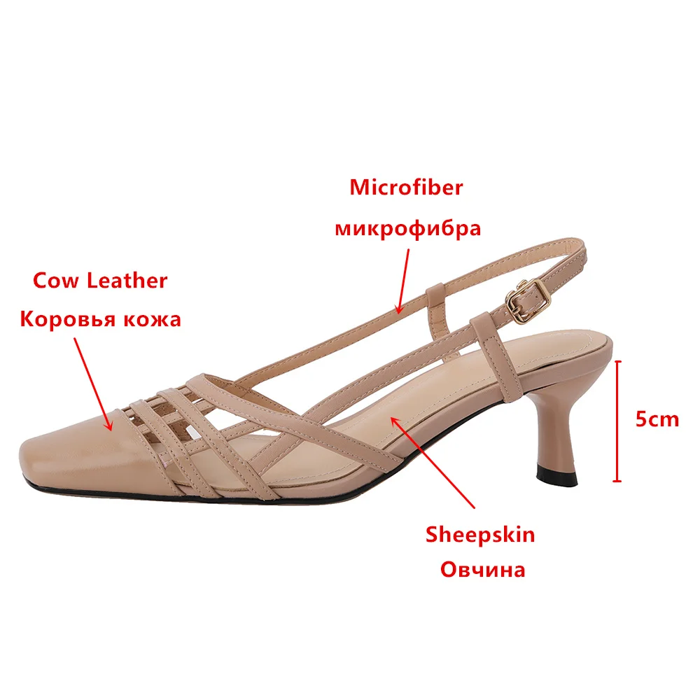 Aucegi Elegant Women Square Toe Sandals Hot Sell Fashion Hollow Out Buckle Back Strap Genuine Leather Middle Heels Dress Shoes