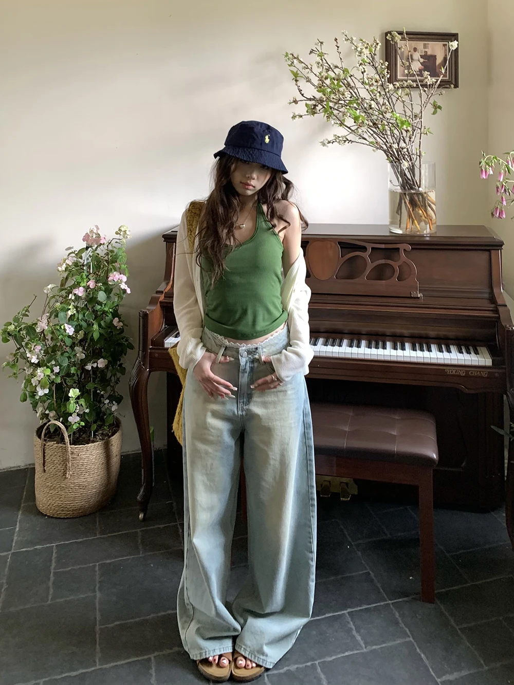 

Женские джинсы с высокой талией и широкими штанинами, с цветочным узором, повседневные, прямого кроя, летние, новые, от Huanghuangjia, синие джинсы