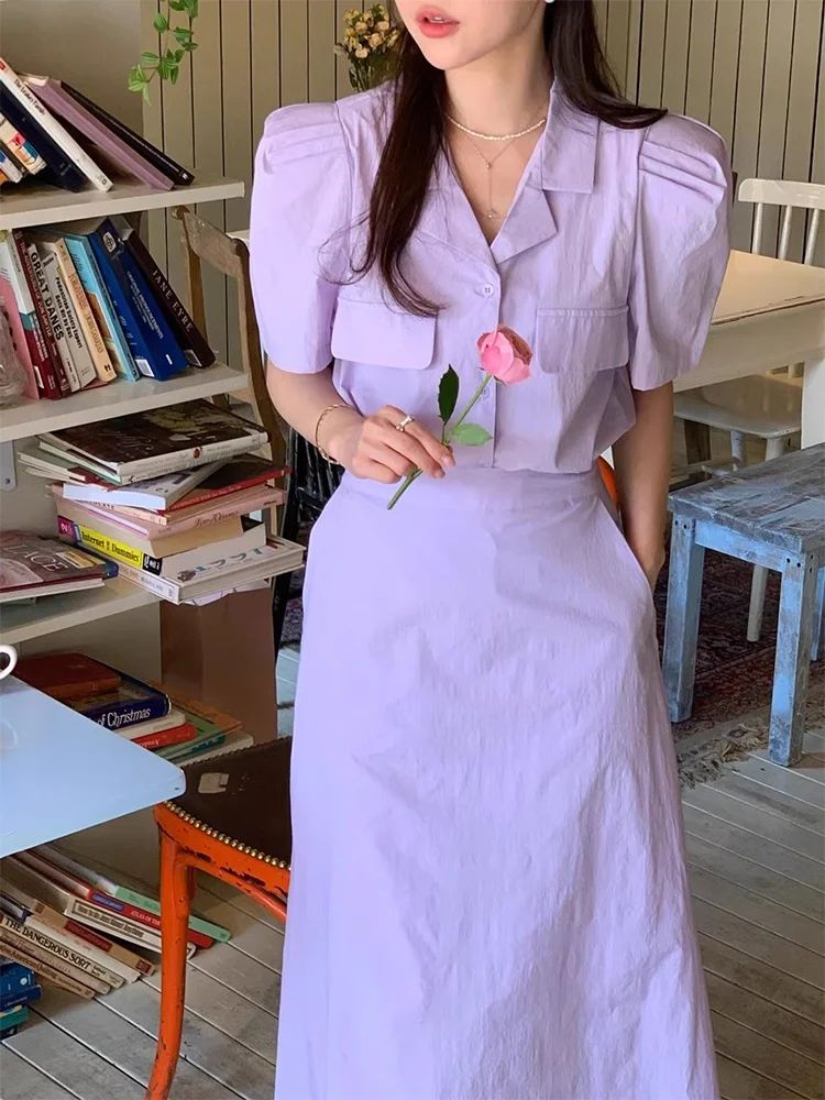 Liangliang retro terno colarinho plissado ort sve irt feminino verão nova faion cintura alta conjunto de saia evasê