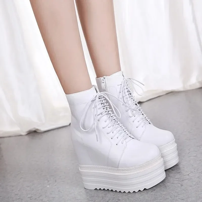 13.5CM Punk Style Wedges Ankle Boots Black Rubber Sole Shoes Platform Boots Women Lacing Autumn Sexy lady Platform Heels Shoes
