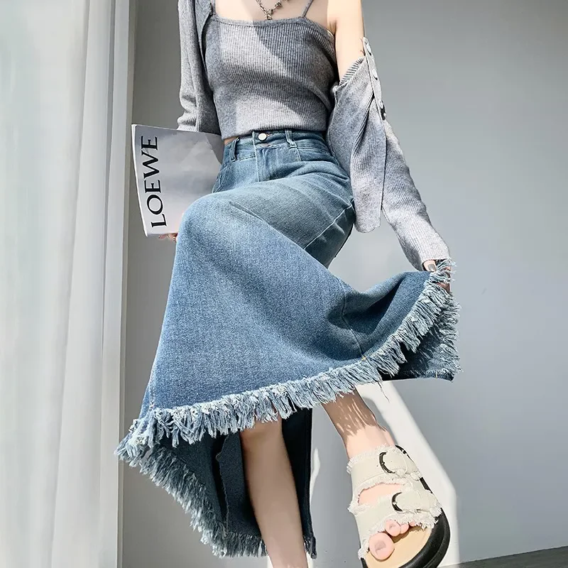 

Vintage Blue Denim Skirt Women's Spring Autumn 2024 New High Waist Split Edge Fashion Slimming Niche Design A- Line Midi Skirts