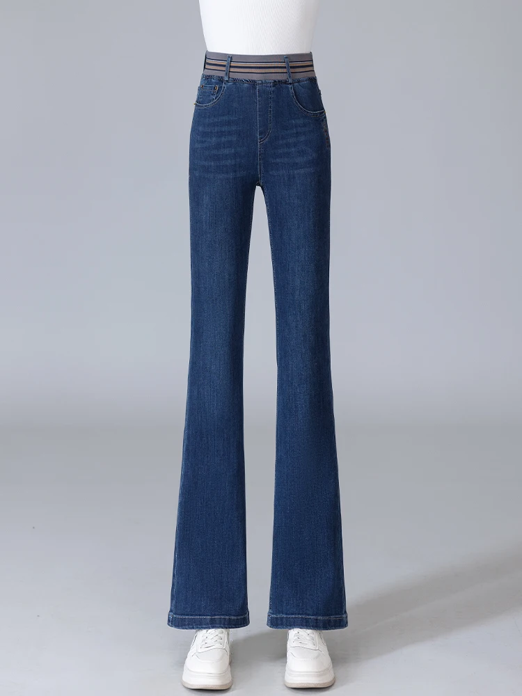 

Женские джинсы клеш с высокой талией, весна-осень 2026, новинка, маленькие размеры, эластичный пояс, вышивка, эффект похудения, расклешенные штанины