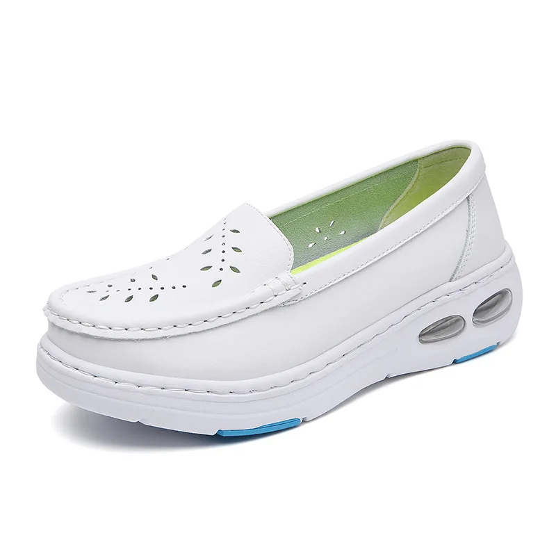 Big size 2024 new hot sell high quality real cow leather soft and comfortable white color lady shoes for nurse and doctor