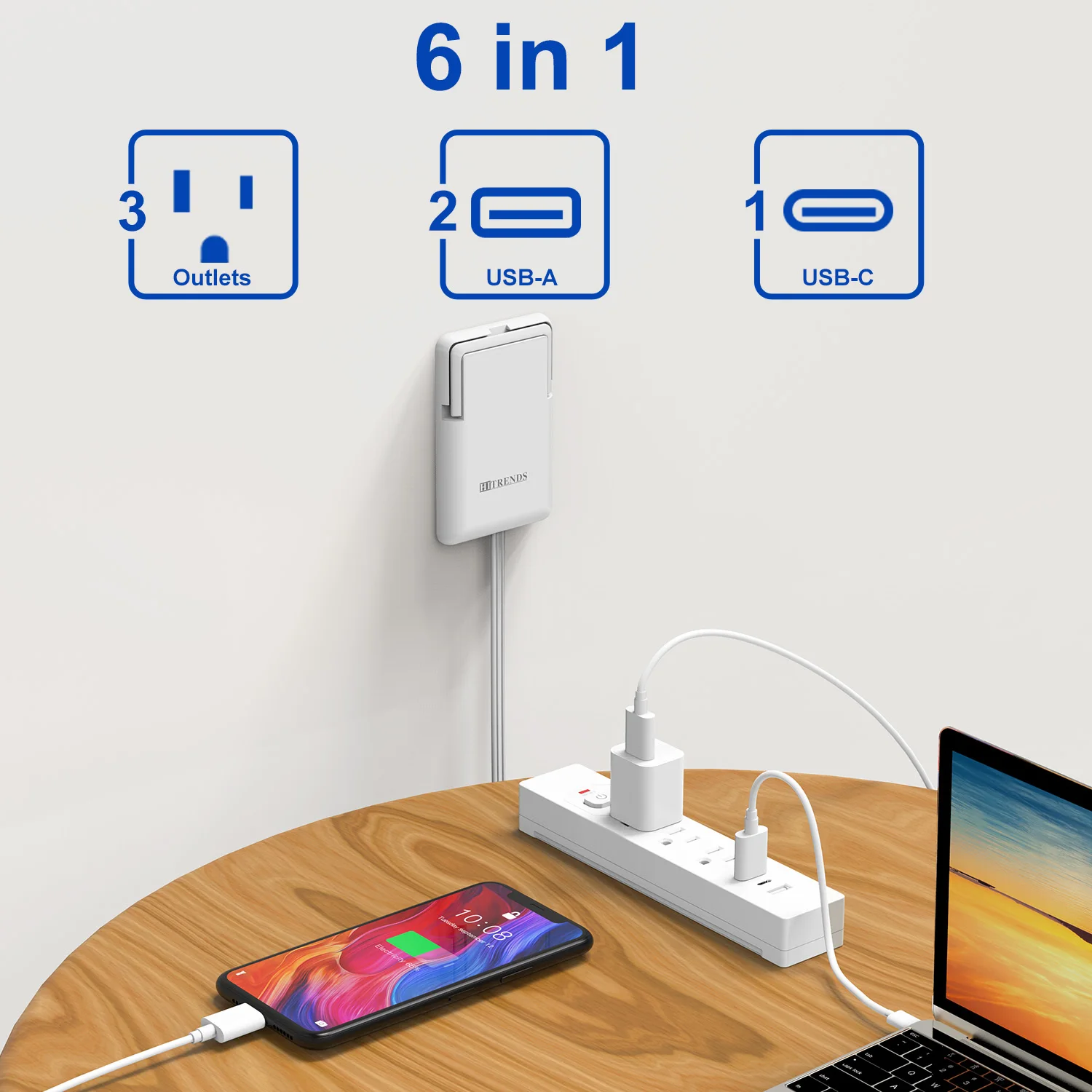 Flat Plug Outlet Expander Power Strip with USB and Folding Pull Tab Covers Child Protection, 3/5AC Outlets, 6ft Extension Cord