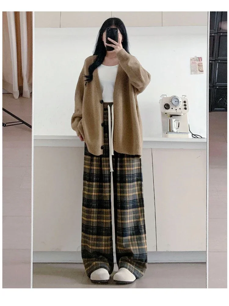 سراويل واسعة الساق ذات مربعات كلاسيكية للنساء والطلاب، النسخة الكورية سراويل غير رسمية فضفاضة بأرجل مستقيمة #2