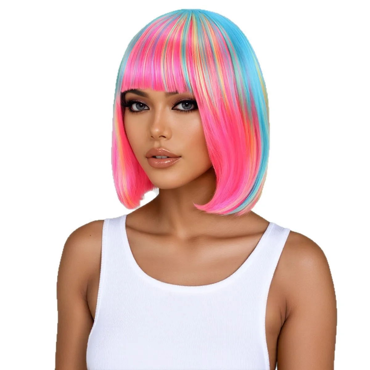 Rainbow multi-color synthetic wig for daily gatherings, parties, Halloween cosplay, bob hairstyle with side bangs, head cover image 5